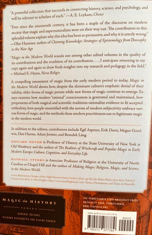 Back cover of Magic in the Modern World, showing peer reviews and précis. 