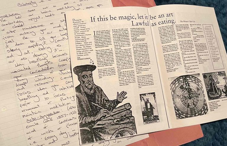 Photocopy of an article on John Dee and a handwritten meditation exercise