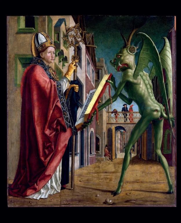 15th century depiction of the devil as a green creature with a face on his arse presenting St. Augustine with the Book of Vices. Painting by Michael Pacher