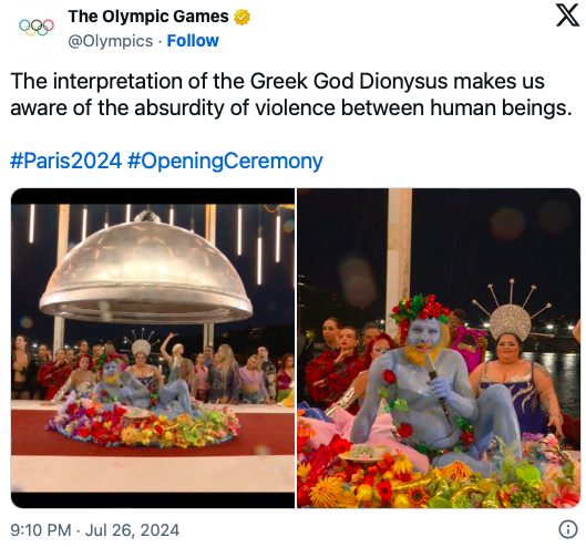 Paris Olympics tweet stating "The interpretation of the Greek God Dionysus makes us aware of the absurdity of violence between human beings".