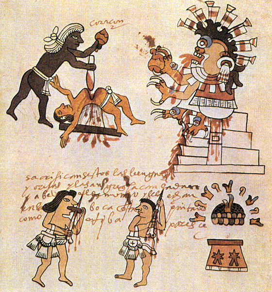 Human sacrifice as shown in the Codex Magliabechiano, Folio 70. Heart-extraction was viewed as a means of liberating the istli and reuniting it with the Sun: the victim's transformed heart flies Sun-ward on a trail of blood.