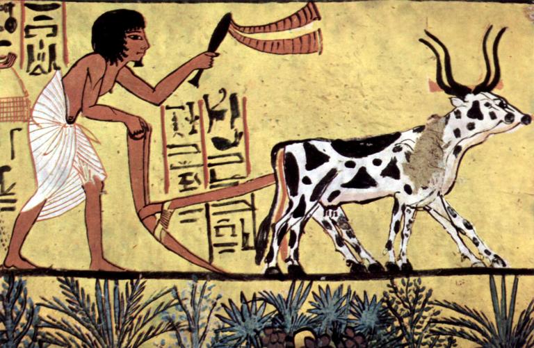 Egyptian agriculture, painting from the burial chamber of Sennedjem, via Wikimedia Commons