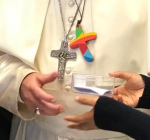 Pope Francis wearing Rainbow Cross (from Vatican News - Fair use as the article is about the cross) https://twitter.com/vaticannews_it/status/1052577994621968384