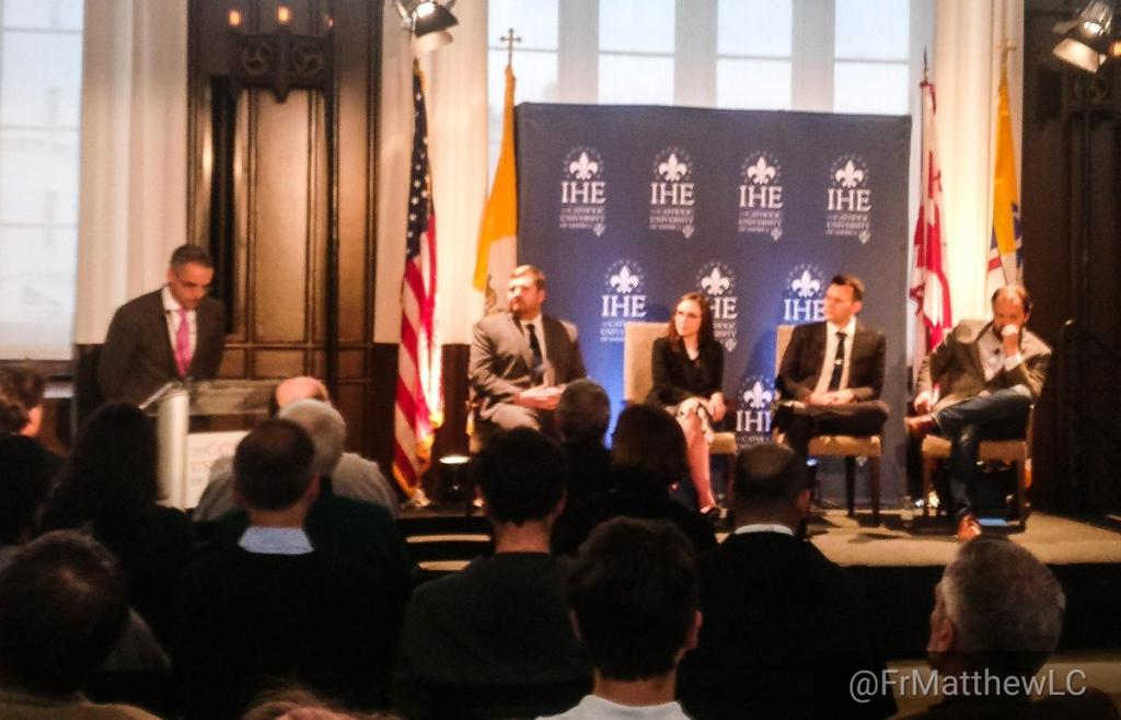 The panelists being introduced. They are (L to R): J. D. FLynn, ELizabeth Bruenig, Christopher White, and Ross Douthat (my photo)