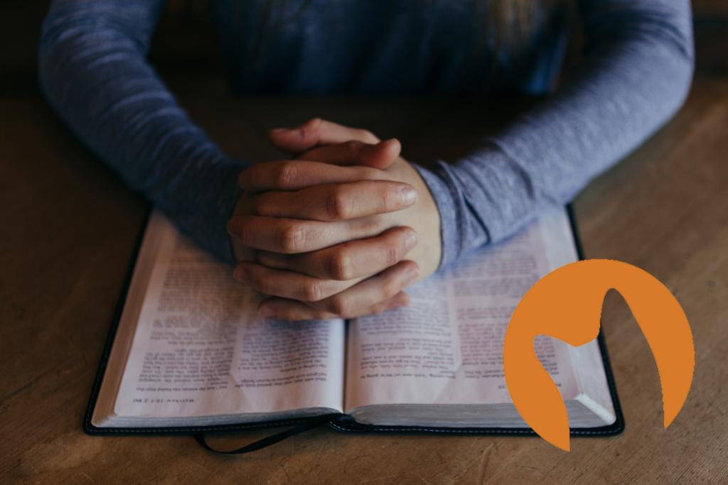 Hands praying over Bible (Photo by Patrick Fore on Unsplash CC0, Logo by CuriousCat FairUse)