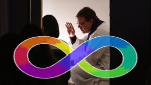 A priest confessing with the autistic infinity symbol