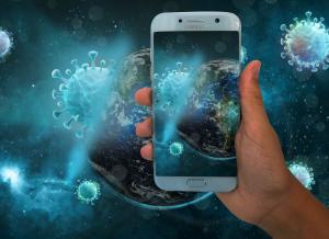 Coronavirus and cell phone on digital background