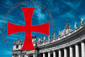 Logo of Sovereign Military Order Temple of Jerusalem on a picture of St. Peter's Basilica