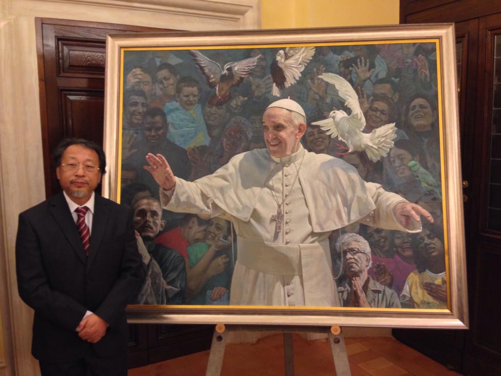 Shen Jiawei with his Portrait of Pope Francis presented to His Holiness on 28 April 2014
