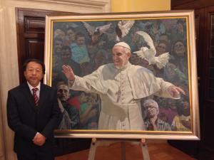 Shen Jiawei with his Portrait of Pope Francis presented to His Holiness on 28 April 2014