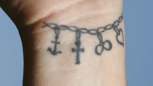 Anchors, Cross, Infinity and Heart tattooed on wrist