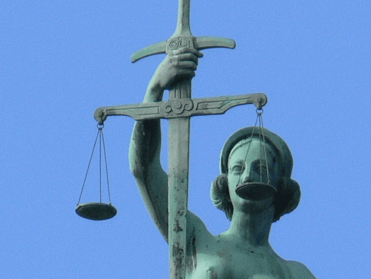Conscience and Law, detail from the Justicia sculpture on the courthouse in Bamberg, Bavaria, Germany
