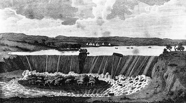 Artistic rendition of the falls prior to damming, Brittanica