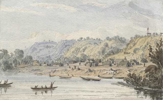 Taoyateduta’s village at Kaposia on the Mississippi River, ca.1846–1848. Water color painting by Seth Eastman.
