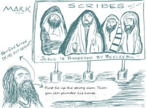 Jesus answers the scribes, who accuse him of being possessed by Beelzebul.