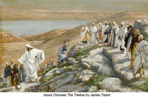 Jesus on a mountain apointing the twelve apostles.