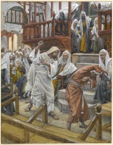 Jesus and man possessed by the devil in synagogue.