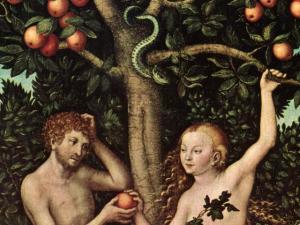 The snake looks on while Eve hands Adam an apple. 