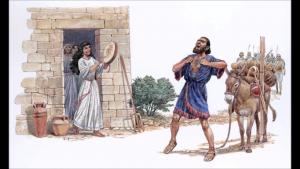 Jephthah, returning from a successful battle, tears his clothes as he sees his daughter coming out of his house to greet him.