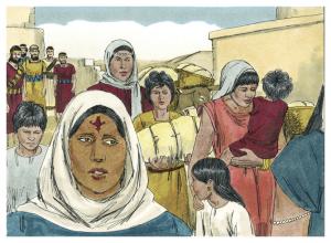 Women and children are leaving Jerusalem as Jewish men stand in the background, as told in the books of Ezra and Nehemiah.