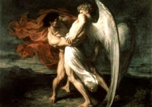 An angel wrestles with Jacob