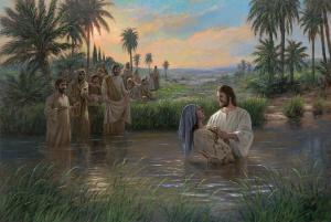 Jesus is baptizing a person in the Jordan River while others wait on shore.