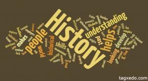 The word "History" stands out from a black background that includes other words, the most prominent of which are "people," "understanding," and "helps."