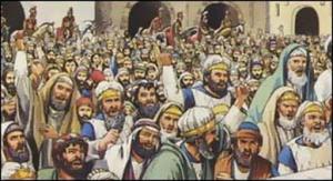 The angry, shouting crowd at Jesus' trial, as picture in John's Gospel.