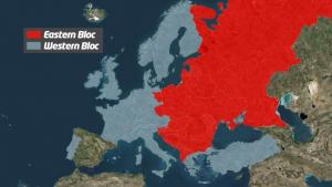 A map of post-war Europe showing Communist countries in red and Western Democratic countries in blue.