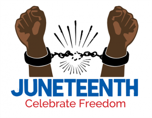 Two raised fists no longer bound by a chain that is broken. The legend says: Juneteenth. Celebrate Freedom.