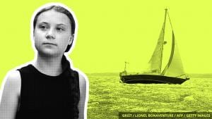 Picture of Greta Thunberg with foto of the sailboat that carried her across the Atlantic