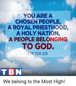 Against a sky background a quote from 1 Peter: "You are a chosen people, a royal priesthood, a holy nation, a people belonging to God."