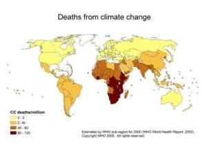 A world map showing deaths from climate change.