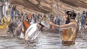 A crowd of people coming to John to be baptized in the Jordan River