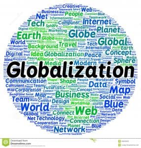 A globe of words like map, net, idea, world, technology, planet, network, media, marketing, etc. "Globalization" in large letters over all.