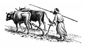 A peasant with plow and goad and following a yoke of oxen illustrates the total comment required for membership in God's army.