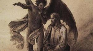 A winged devil offering temptations to Jesus.