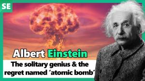 A foto of Albert Einstein mounted against the background of an atom bomb's mushroom cloud. The legend says, "Altert Einstein: The solitary genius and the regret named 'atomic bomb.'