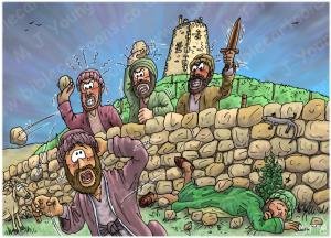 A cartoon drawing of the "wicked tenants" of Jesus' parable throwing rocks at a messenger from the landlord.
