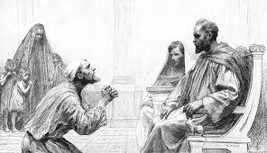 The unmerciful servant, in Jesus' parable, on his knees pleads for mercy from a man seated on a throne.