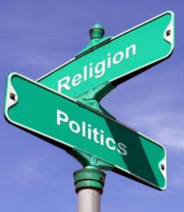 A street sign showing "religion" crossing "politics."