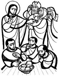 Black line drawing of disciples eating, Pharisees scandalized, and Jesus making a point. 