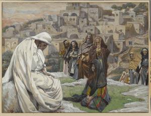 Jesus wept. Martha and some friends were nearby in this rendition with the village of Bethany in the background.