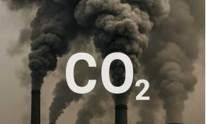 Smoke-filled sky with many smokestacks belching carbon dioxide and soot..