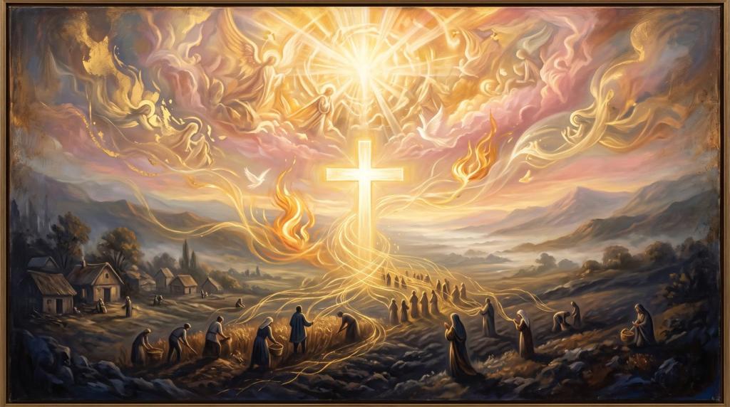 Painting of a glowing cross over a valley, with angels, doves and flames above and villagers harvesting and walking toward the light.