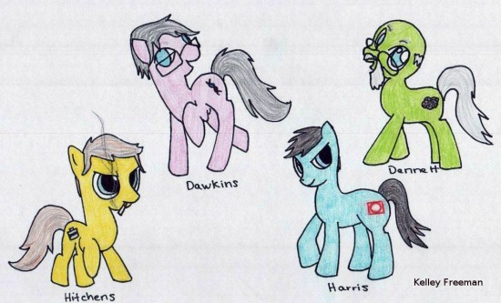 The Four Horsemen (Dawkins, Dennett, Harris and Hitchens) drawn as ponies