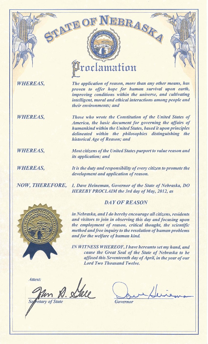 Nebraska’s Governor and Omaha’s Mayor Also Issued ‘Day of Reason’ Proclamations