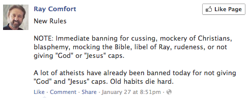 On Facebook, Ray Comfort Demands Respect, Bans People for Mockery, Blasphemy, Not Capitalizing God