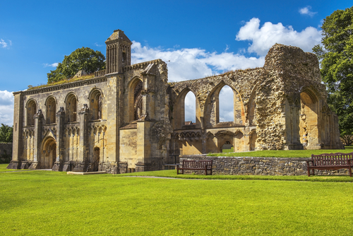 The ruins of Glastonbury Abbey in Somerset, England.