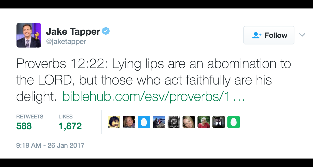 CNN’s Jake Tapper Tweeted a Bible Verse About Lying; Naturally, Donald Trump’s Base Responded